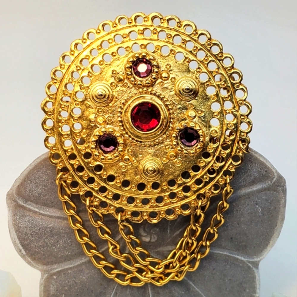 ESTATE Gold Chandelier Chain/ Blue / Purple Rhinestone Big Beautiful Brooch